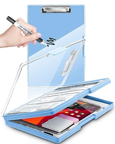 Clearview Clipboard with 2 Storage, Dry Erase 8.5x11 Heavy Duty ClipBoards - High Capacity Coaches Clip Board with Pen Holder - Side Opening Plastic Nursing Clip Case - Aqua Blue