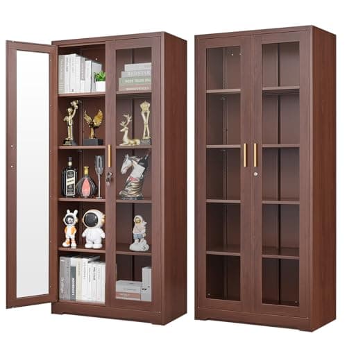 Polup Glass Display Cabinet, Display Case with Glass Doors and Shelves, Metal Curio Cabinets with Locking, 71" Tall Bookcase with Glass Doors for Home, School, Clinic (Wood Color)- Assemble Required