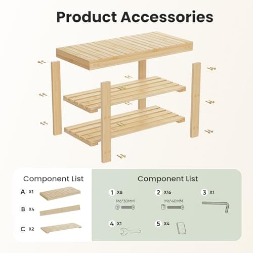 DUMOS Shoe Rack Bench with Storage, 3-Tier Bamboo Entryway Benches, Wooden Shoe Rack Holds Up to 286 lb Storage Organizer, Suitable for Bedroom Living Room Balcony, Classical Wood 6