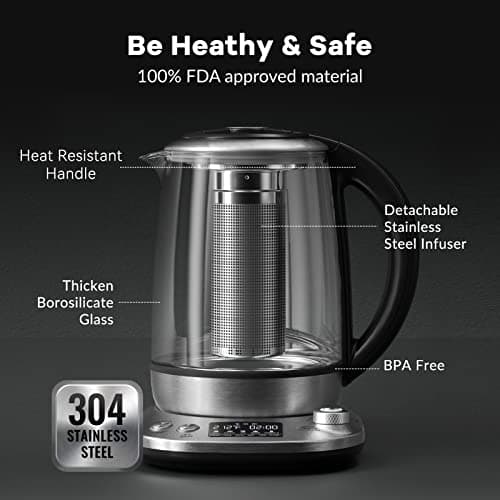 Mecity Electric Tea Kettle with Removable Infuser, 9 Preset Brewing Programs, Temperature Control, 2 Hours Keep Warm, Borosilicate Glass, 1.7 Liter, 1200W 7