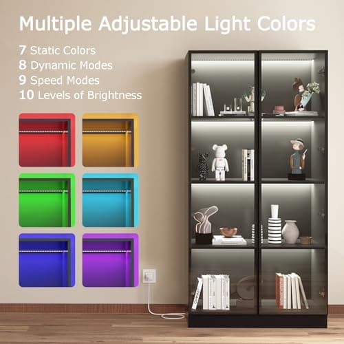 ZORPLIX Glass Display Cabinet with LED Lights, Display Case Bookcase with 4-Tier Shelves, Curio Cabinet with 2 Glass Doors, Storage Cabinet for Collectibles, Living Room 5