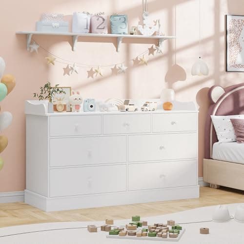 Vabches Kids Dresser Cabinet with 7 Drawers and Large Table Top, Multi-Functional Chest of Drawers, Baby Dresser, Kids Bedroom Furniture, Nightstand for Child’s Room, White 6