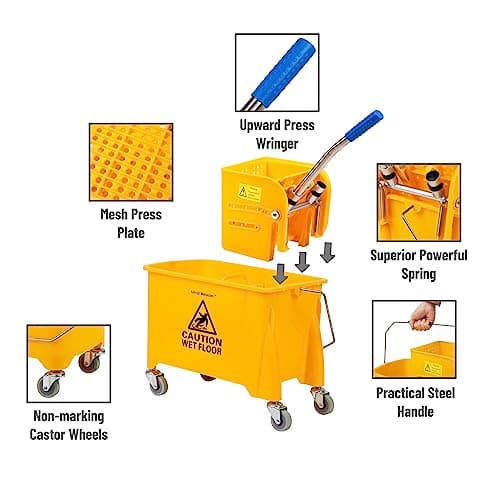 Mind Reader Mop Bucket with Wringer (Mop Not Included), 5.5 Gallon Cleaning Bucket with Wheels and Handle, Upward Press Wringer, Small Mop Compatible, Yellow 6