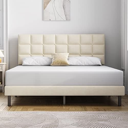 Molblly Full Bed Frame Upholstered Platform with Headboard and Strong Wooden Slats, Non-Slip and Noiseless,No Box Spring Needed, Easy Assembly,Light Beige
