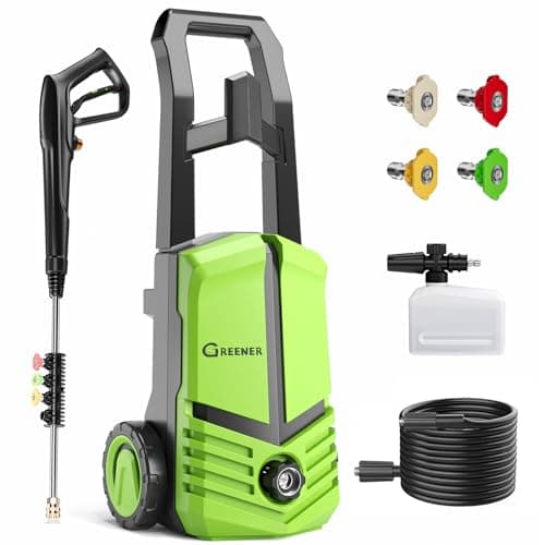 GREENER Electric Pressure Washer, 3800PSI, 4 Quick Nozzles, 2.4GPM, 23FT Outlet Hose, 9FT Power Cord, Power Washer Electric Powered with Soap Cannon for Car, Fence, Driveway, Patio Cleaning-Green