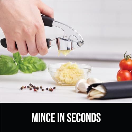 GORILLA GRIP Garlic Press and Peel Set, Heavy Duty Mincer Tool, Large Ergonomic Handle, Easily Mince and Crush Garlics, Ginger, Nuts, Seeds, Peeler Included, Peeling Cloves, Kitchen Gadgets, Black 9
