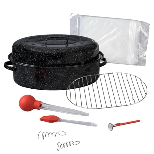 Granite Ware 19 in Oval Roaster Set (10pcs), includes Lid, Rack, 2 pack brining bags, oven/grill-safe meat Thermometer, Turkey Baster with silicone bulb, and a small brush.