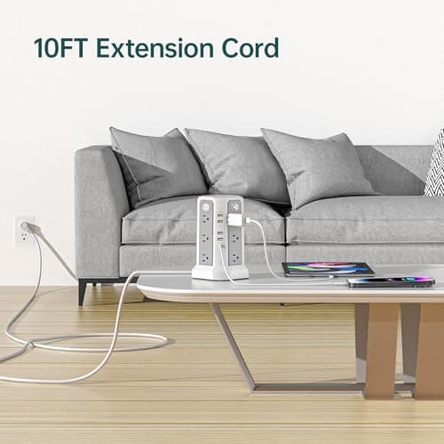 Surge Protector Power Strip Tower with PD18W USB C Port,10FT Extension Cord with 12 AC Mutiple Outlets 5 USB Charging Ports, PASSUS Power Tower Surge Protection for Home Office Dorm Room 8
