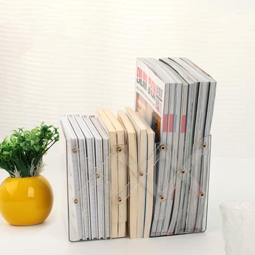 Adjustable Book Ends, Plastic Bookends with 2 Dividers, Clear Bookends for Shelves, Desk Book Holder for Heavy Books, Expandable Book Ends Book Organizer for Desk Office Home and School Use 7