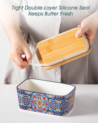 vancasso SIMI Butter Dish with Lid, 6.5" Large Butter Dish for Countertop, Bohemian Ceramic Butter Keeper Container with Knife and Bamboo Lid, Butter Holder for Counter, Twilight Bloom 6