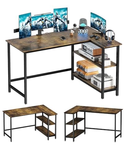 WOODYNLUX L Shaped Desk - 43 Inch Gaming Desk, Computer Corner Desk, Home Office Writing Table with Shelf, Space-Saving Workstation Table, Modern Simple Wooden Table, Rustic Brown