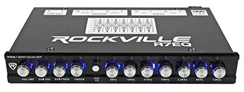 Rockville R7EQ 1/2 Din 7 Band Car Audio Equalizer, Front/Rear/Sub Outputs, Blue LED Knobs, Built-in Line Driver & Crossover, for Car Audio Systems