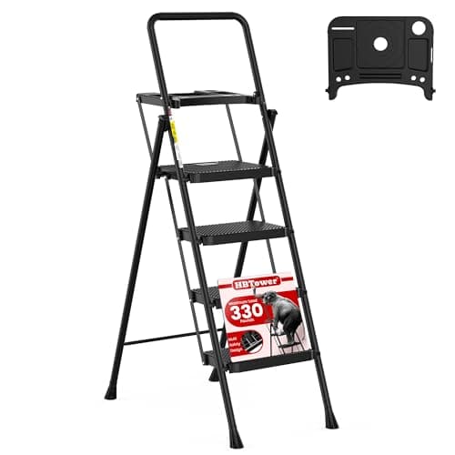 HBTower Step Ladder, Folding Step Stool with Wide Anti-Slip Pedal, Sturdy Steel Ladder, Convenient Handrail, Lightweight, Portable Steel Step Stool