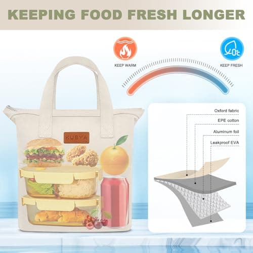 KUBYA Lunch Box for Women, Lunch Bag for Women Men Adult Simple Reusable Lunchbox Insulated Lunchbag Large Capacity Lunch Boxes Cute Cooler, with Food Storage Bags for Work, Office or Picnic (Beige) 6