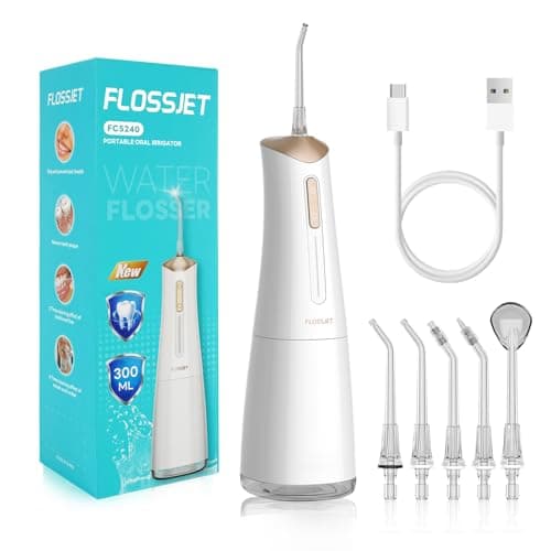 FlossJet Water Dental Flosser Cordless Oral Irrigator with 300ml 5 Tips 4 Modes USBCharger Portable Travle Irrigation Cleaner IPX7 Electric Irrigador Dental for Teeth Cleaning (White) 7