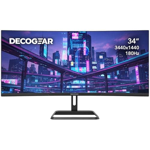 Deco Gear 34” Ultrawide Curved Gaming Monitor 3440×1440 UWQHD, 180Hz, 1ms MPRT, VA Panel, 1500R, HDR Ready, 100% sRGB, Adaptive Sync, Dual HDMI/DP, 21:9, VESA Mount, Tilt Adjustable - American Seller