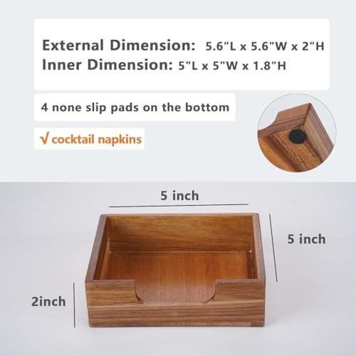 Acacia Cocktail Napkin Holder for Table, Wooden Napkin Holder, Flat Square Beverage Napkin Tray, Farmhouse Cocktail Napkin Caddy for Bar, Party, Dinner, Kitchen Dining Table, 5.5 x 5.5 inches 6
