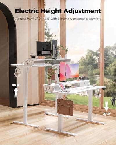 FiCiHi 35x20 Inch Standing Desk with Drawers, C-Clamp Mount Compatible, Electric Adjustable Height Computer Small Stand Up Desks, Home Office Sit Stand Table with 3 Preset Heights, White 5
