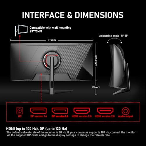 Gawfolk 34 Inch Ultrawide Curved 120Hz Gaming Computer Monitor 1500R PC screen 21:9 UWQHD (3440x1440) ,G-Sync,128%sRGB,178° Viewing Angle,HDMI、Display Port,Compatible with wall mounting 75×75MM- Black 7