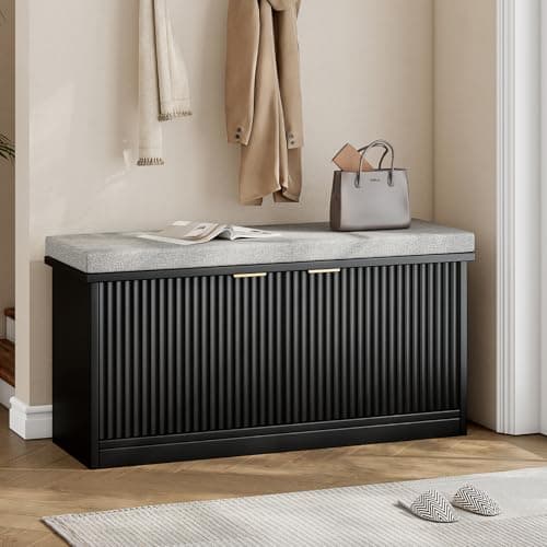 SINROM Shoe Storage Bench with Cushion and Doors, 2-Tier Entryway Bench with Shoe Storage and Adjustable Shelves, Shoe Rack Bench for Entryway, Living Room, Hallway, Bedroom