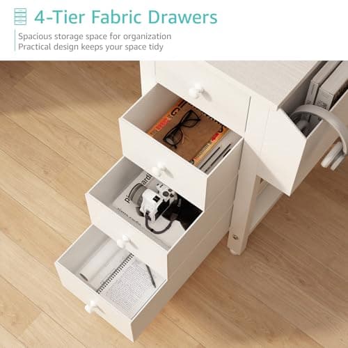 Lufeiya White L Shaped Computer Desk with Drawers & Storage Shelves, 47 Inch Corner Reversible Desk with Power Outlet for Home Office Bedroom, L-Shaped Teen PC Desks with Fabric Drawer, White 5