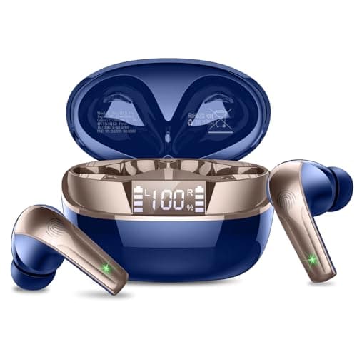 Wireless Earbuds, Bluetooth 5.4 Headphones in Ear, Mini Bluetooth Earbuds HiFi Stereo Deep Bass with 4 ENC Noise Cancelling Mic, Wireless Ear Buds 47H Long Playtime LED IP7 Waterproof USB-C Blue Gold