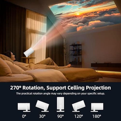 Mini Projector, Portable Projector 4K & Full HD 1080P Support, 270° Rotation Outdoor Projector, Movie Projector Compatible with Smartphone, TV Stick, Laptop, PS4, HDMI, USB (No WiFi or Bluetooth) 5