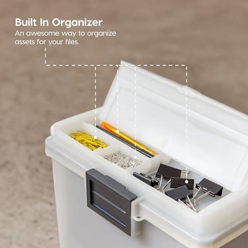 IRIS USA File Box WeatherPro Portable File Organizer Plastic File Box for Letter File w/ Organizer-Lid, Durable Lid and Seal w/ Secure Latching Buckles, Stackable and Nestable, Pearl 19 Qt. 1 Pack 5