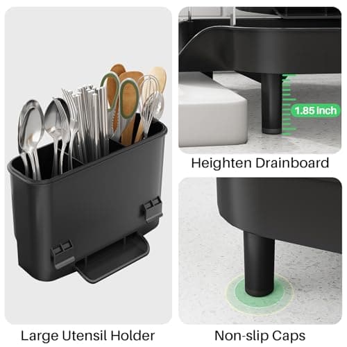 SAYZH Dish Drying Rack - Expandable Dish Rack for Kitchen Counter, Rust-Resistant Dish Drainer with Utensil Holder and Raised Guardrail, Kitchen Organizer for Cup and Bottle (Black) 8