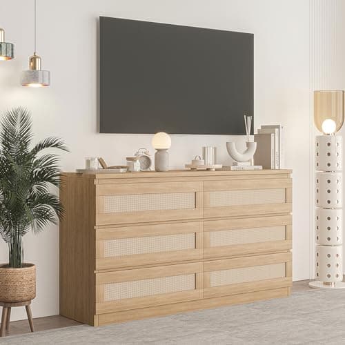 GarveeHome Rattan Dresser for Bedroom, 6 Drawer Dresser for Closet, Wide Wood Dressers & Chests of Drawers, Nightstands, TV Stands for Living Room, Entryway, Cloakroom, Hallway, Natural Oak 8