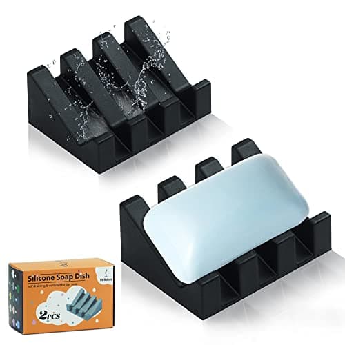 Silicone Soap Dish for Bar Soap Holder for Shower Bathroom Self Draining Waterfall Drying Tray Keep Soap Bars Dry Clean & Easy Cleaning (Black*2, 2)