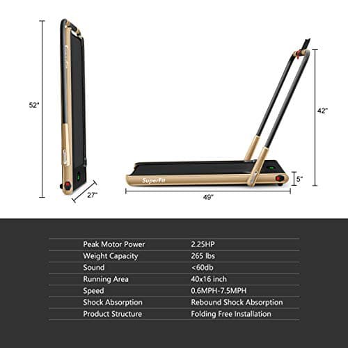 GYMAX Walking Pad, 2 in 1 Free Installation Under Desk Treadmill with Remote Control & LED Display, 2.25HP Foldable Portable Compact Running Machine for Small Spaces Home Office (Gold) 5