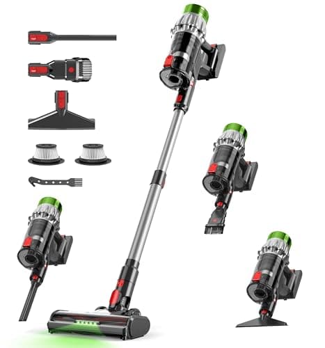 Cordless Vacuum Cleaner, 580W 50Kpa 65Mins, Vacuum Cleaners for Home, Stick Vacuum with Anti-Tangle Brush, Wall Mount Charge, Rechargeable Cordless Vacuum for All Floor/Sofa/Pet Hair（Silvery）