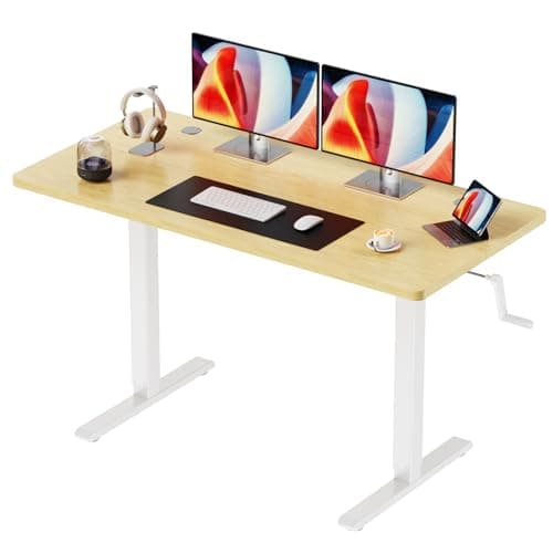 Flycity Manual Standing Desk Adjustable Height, 43" x 24" Hand Crank Stand Up Desk, Sit Stand Home Office Desk, Small Computer Desk with 2 Cable Holes, Maple Wooden Top/White Carbon Steel Frame