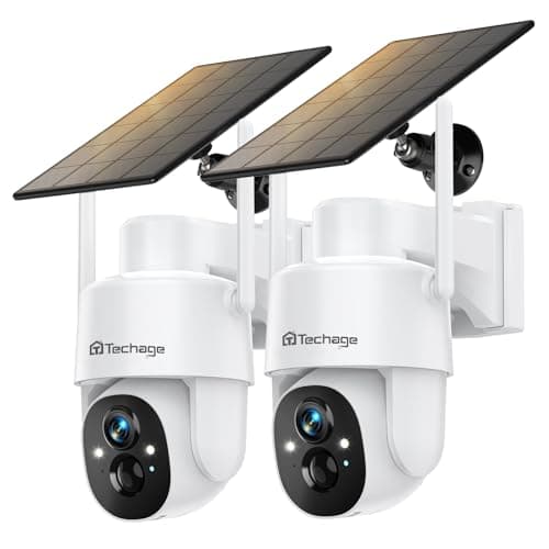 Solar Security Cameras Wireless Outdoor, 2K WiFi Cameras for Home Security, 360° PTZ Surveillance Camera with PIR, Color Night Vision, 2-Way Talk, IP66 Waterproof, SD/Cloud, Work with Alexa (2 Pack)