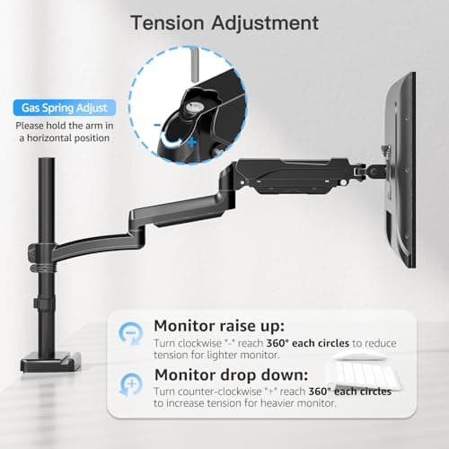MOUNTUP 27 inch Extra Long Monitor Arm, Single Desk Mount for 22-32 inch, Tall Monitor Stand Holds 4.4-19.8lbs, Height Adjustable Monitors Stand for Desk with C-Clamp/Grommet Base, Black 9