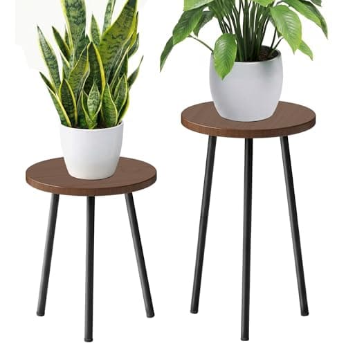 SAKSUN Plant Stand Indoor 2 Pack: Plant Table 14''&20'' Wooden & Metel Heavy Duty Stands for Flower Lovers - Mid Century Modern Design Stool for Bedroom/Living Room/Patio/Garden