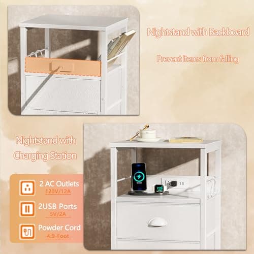 Furologee End Table with Charging Station, Nightstand with Fabric Drawers, Side Tables with USB Ports & Outlets, Night Stand with Storage Shelf & Hooks, for Living Room/Bedroom, White 5