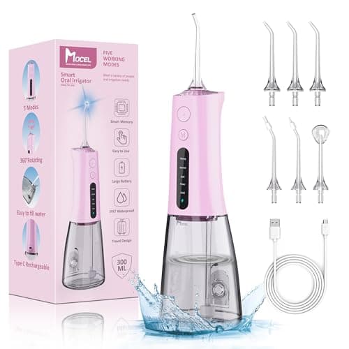 MOCEL Water Dental Flosser OLED Display Cordless Teeth Cleaning MOCEL 5 Modes Oral Irrigator 300ML Portable and USB C Rechargeable IPX7 Waterproof Floss Teeth Pick (Pink)