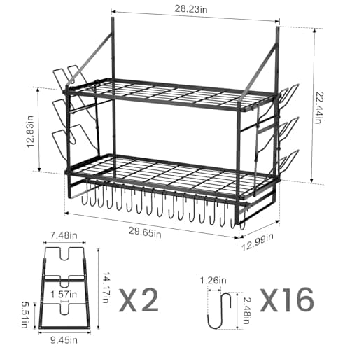 HOYRR Hanging Pot Rack Wall Mounted,30 Inch Wall Hanging Pot Rack,Pot Hangers for Kitchen Wall Mount,Pot And Pan Hanger Side Piece with 2 Pieces Pans Lids Organizer,Wall Pot Rack Hanging Rod+16 Hooks 5