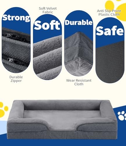 MADE 4 PETS Orthopedic Dog Bed for Large Dogs, Supportive Foam Big Large Pet Bed Sofa with Washable Removable Cover, Waterproof Dog Couch Bed, Non-Slip Bottom and Egg-Crate Foam, Grey 4