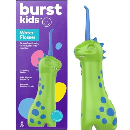 BURST Kids Water Flosser (Dinosaur) | Cordless & Rechargeable Water Flosser for Teeth | 3 Gentle Pressure Modes | Silicone Safety Tip | Braces-Friendly | Fun, Kid-Safe Design | 155mL Water Tank