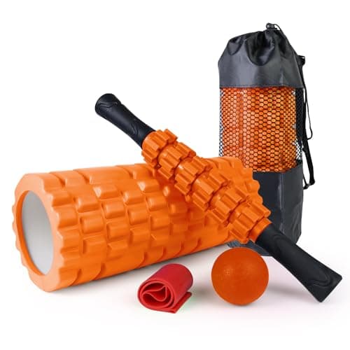 5 in1 Foam Roller Set, Trigger Point Foam Roller, Massage Roller Stick, Massage Ball, Resistance Band for Deep Muscle Massage Pilates Yoga,Fitness Exercise for Whole Body (Orange)