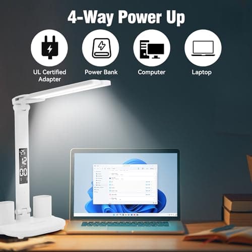 GNQJDC LED Desk Lamp Light with 2 Pen Holders, Time, Date, Temperature Display, Dimmable, 3 Color Modes, Touch Control, Foldable,Eye-Caring Table Lamp for College Dorm Room Office Home Reading Study 5