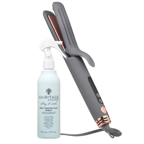 Hairitage Ceramic Tourmaline 2in1 Flat Iron Hair Straightener Curling Iron - 1 1/4 Inch - Airflow Styler + Heat Protectant Spray - Curved Edges - Curling + Straightening - 420 Degree Heat Protection