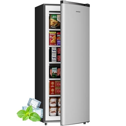 BANGSON 6.5 Cu.ft Upright Freezer, Stand up Freezer with Adjustable Thermostat, Removable Shelves, Reversible Single Door, for Bedroom/Home/Dorms/Apartment, Sliver