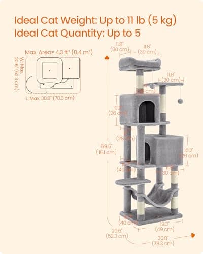 Feandrea Cat Tree, 59.5-Inch Tall Cat Tower, Plush Multi-Level Condo with 5 Scratching Posts, 2 Perches, 2 Caves, Hammock, 2 Pompoms, Light Gray UPCT192W01 5