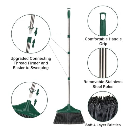 4 PCS Heavy Duty Broom Outdoor/Indoor Commercial Broom with 61" Long Handle,Perfect for Home Garage Kitchen Office Lobby Room Floor,Black and Green 6