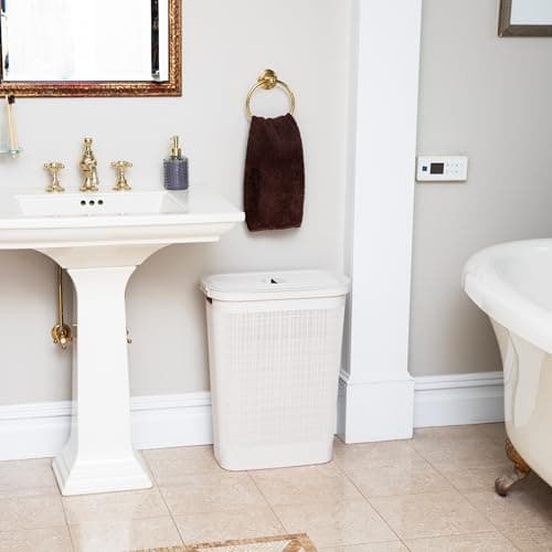 Mind Reader Slim Laundry Hamper with Lid, 40L Clothes Basket, Linen Design, Plastic, Ivory 6