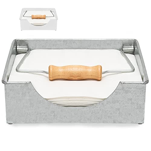 Saratoga Home Farmhouse Napkin Holder - Tabletop Holder with Wood Accent, Solid Steel Design, Padded Feet, Holds 35+ Cocktail Napkins, Flat Silver Napkin Storage, Silver